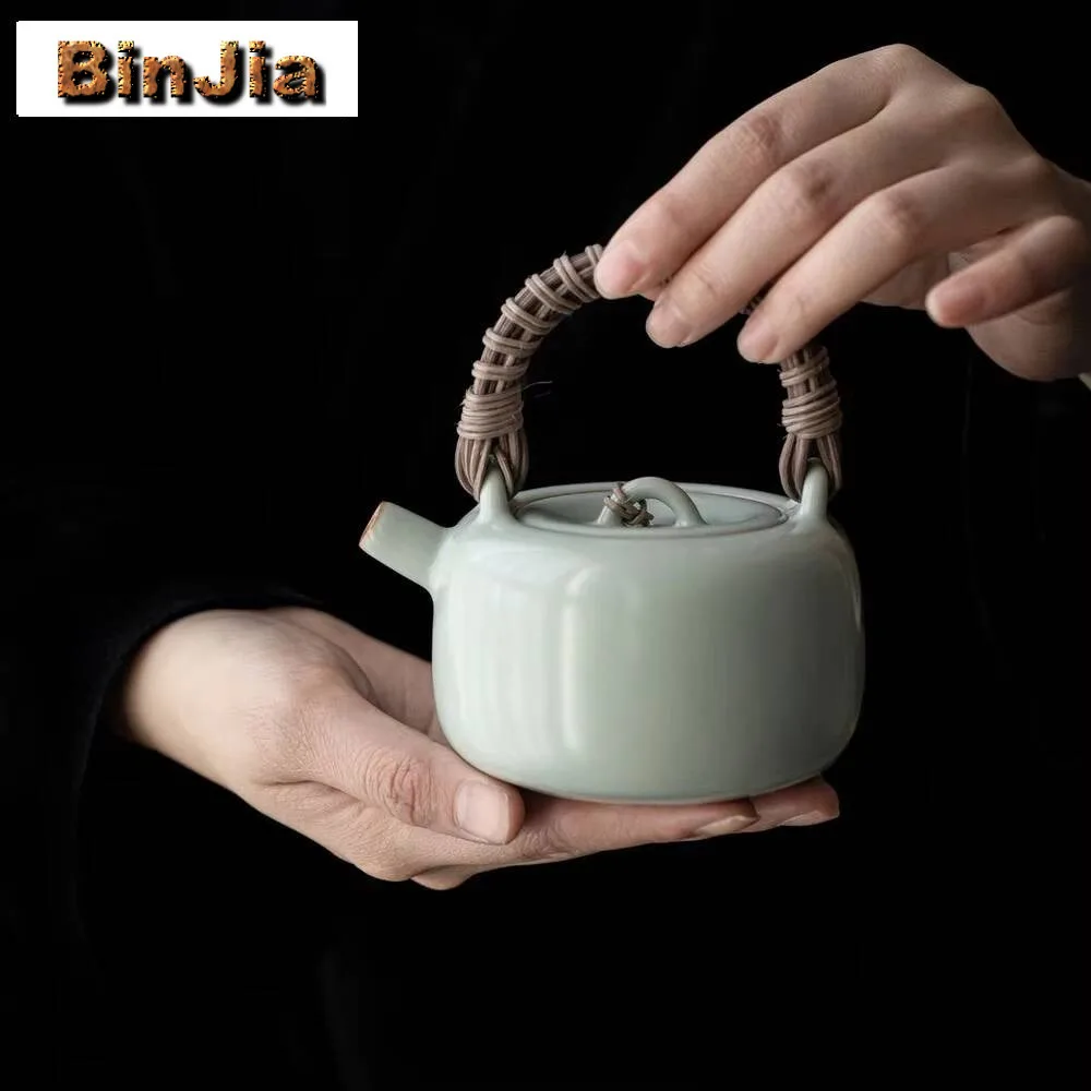 

200Ml Handmade Azure Ru Kiln Porcelain Teapot Boutique Vine Weaving Beam Pot Tea Soaking Kettle Drinkware Supplies Collection