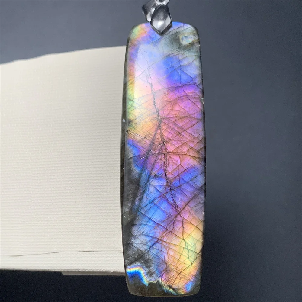 Uglyless Natural Stunning Rainbow Purple Light Labrador Stones Pendants Women Rectangle Colorful Labradorite Necklace Blue Light