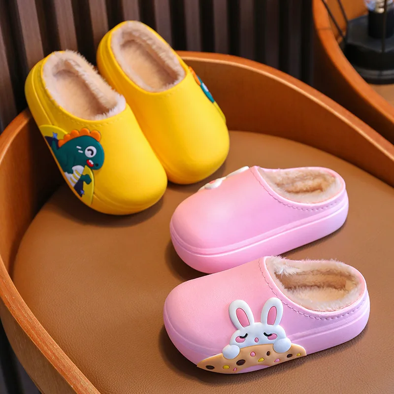 Children Slippers Cartoon Dinosaur Anti Slip Waterproof Soft Sole Winter Plush Girl Baby Cotton Slippers Kids Shoes for Girl