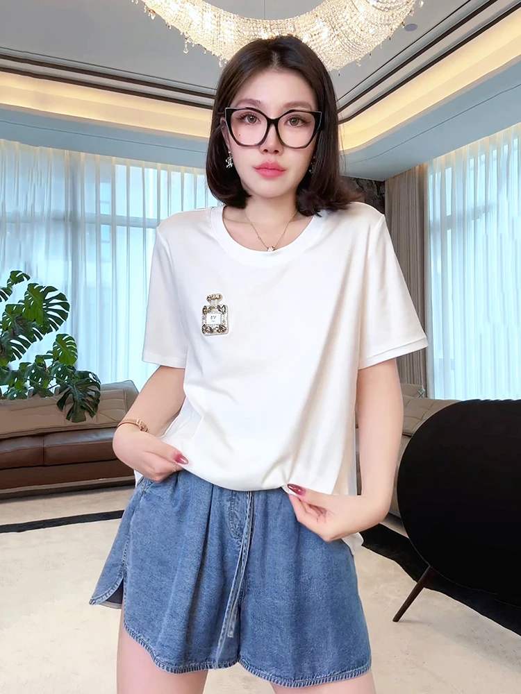 

Comfortable Heavy-Du Beaded ort-Sve Silk Blend T-irt Faionable Slimming Versatile round Ne Top for Women