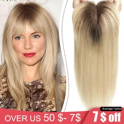 100% Remy Human Hair Toppers with Bangs Ombre Brown Blonde Toupee Hair Pieces Silk Base Clip in Topper Hair Extension for Women