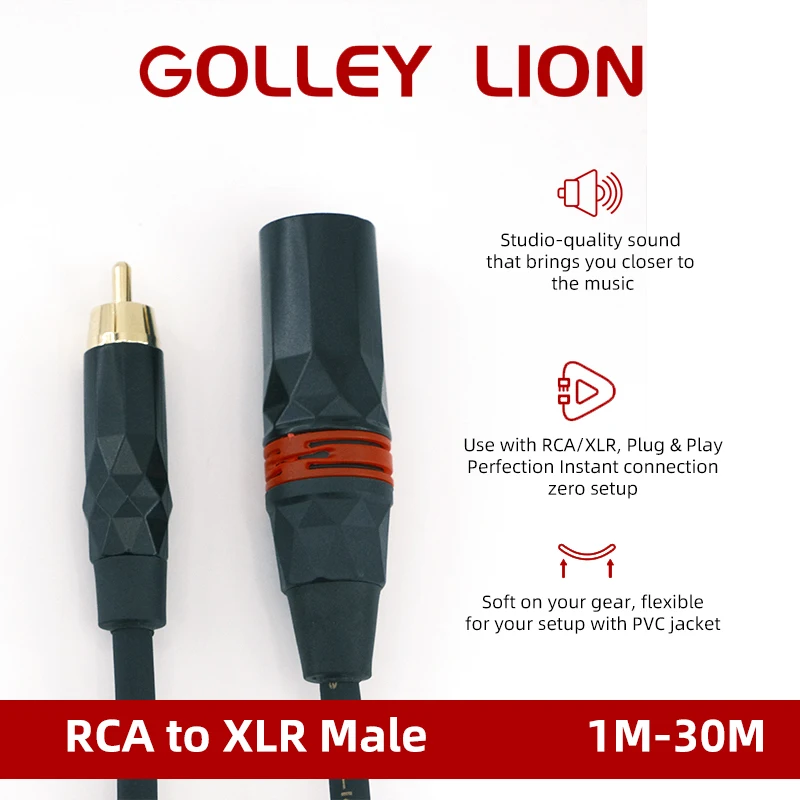 GOLLEY LION RCA to XLR Audio Cable Male to Male, OFC, Gold-Plated, Black