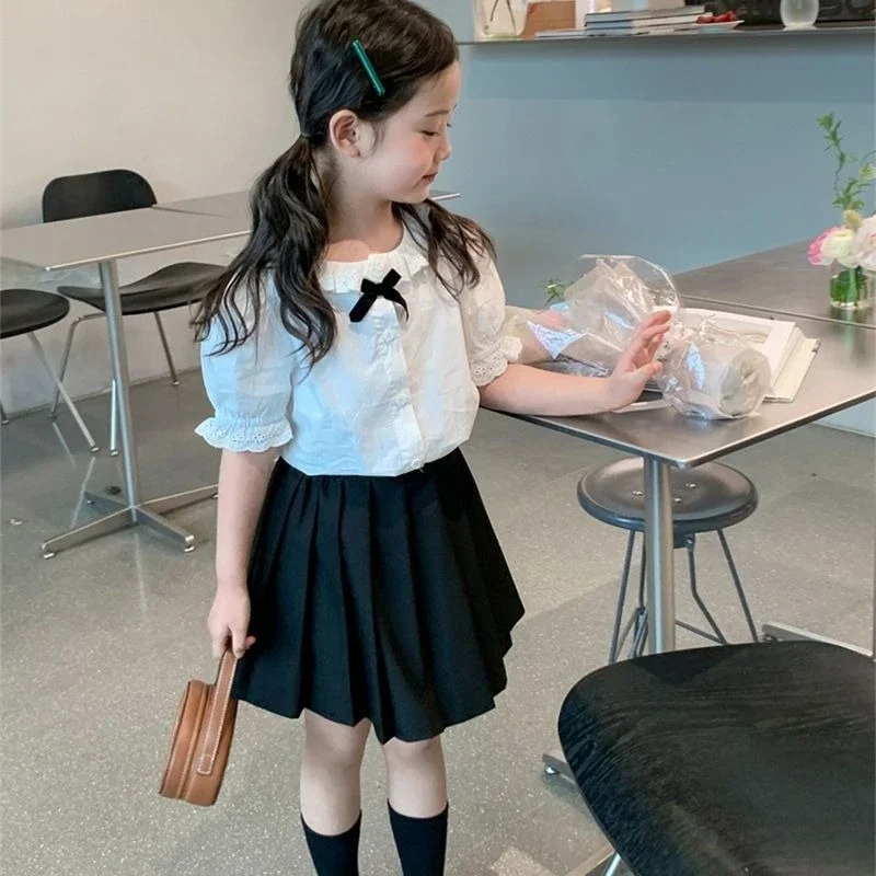 Kids Girls Summer Clothing Set Short Sleeve Shirt Pleated Skirt with Bow Korean Fashion Casual Outfit for Little Girl 2 Pieces​