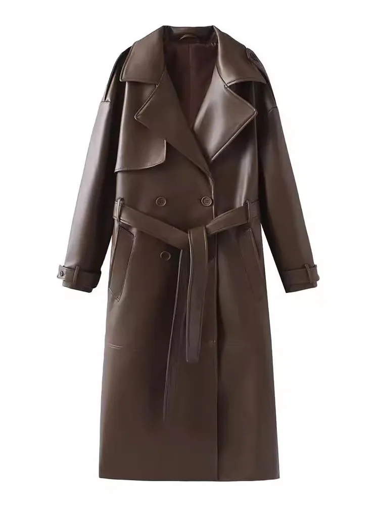 Faionable longo sve couro do plutônio blusão casaco feminino solto ajuste colarinho jaet com cinto outono inverno nova chegada