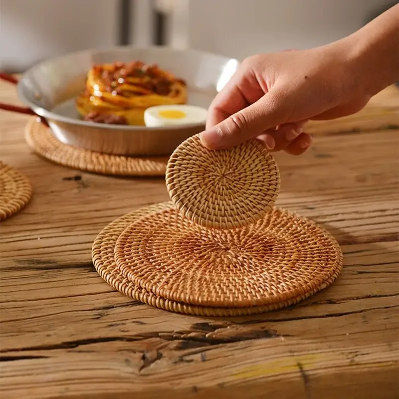 Cup Mat Hot Pad Round Natural Rattan Hand Woven Hot Insulation Placemats Table Padding Kitchen Decoration Accessories