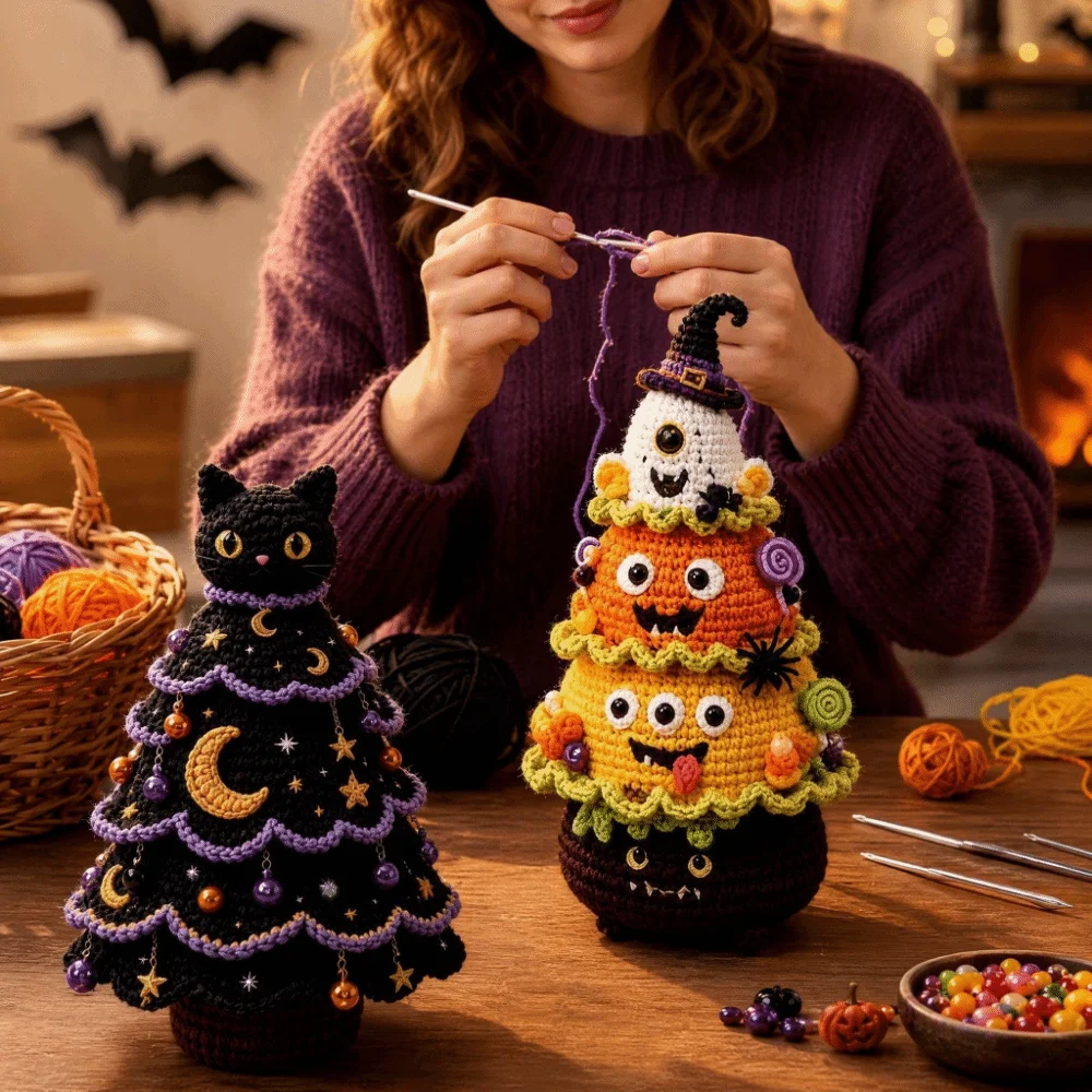 Beginner Friendly Halloween Crochet DIY Kit Complete Set Christmas Tree Shape Yarn Craft Set Hand-Made Gothic Style