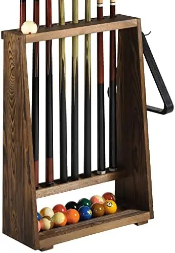 

Freestanding Billiards , Vintage Solid Wood Floor Standing Pool Cue Holder, Ball , Triangle Hanging Hook Chalk holder billiard