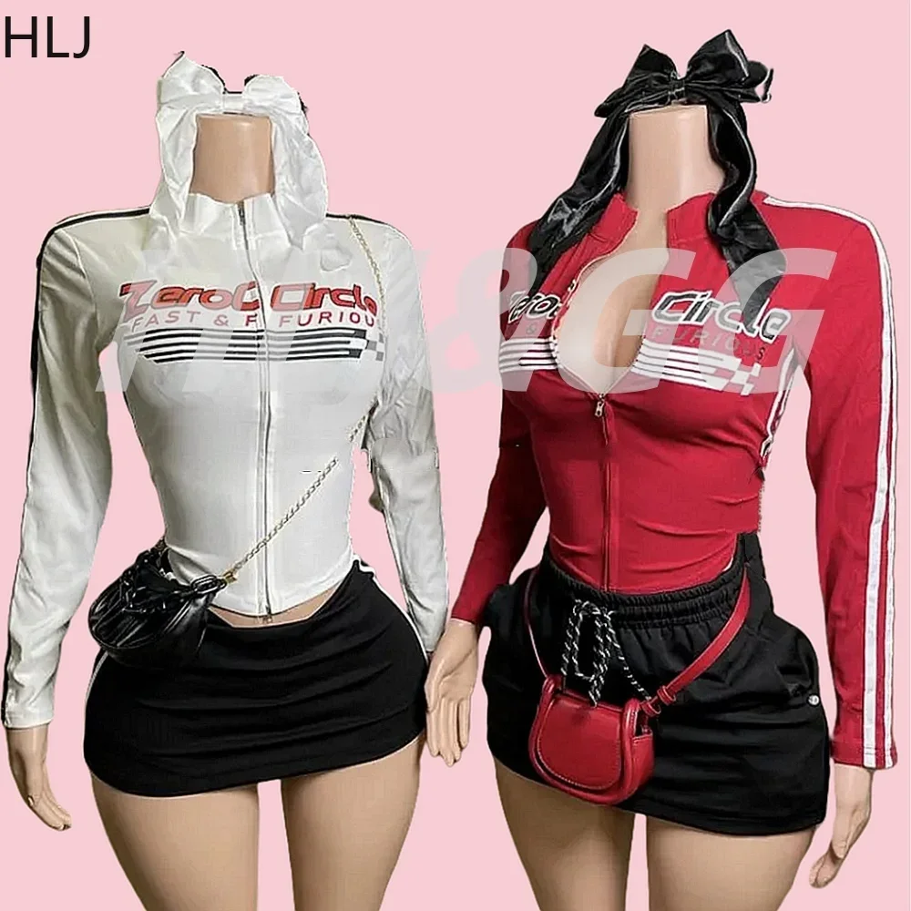 

HLJ&GG American Vintage Style Letter Printing Two Piece Sets Women Zip Long Sleeve Slim Top And Mini Skirts Outfits Y2K Clothing