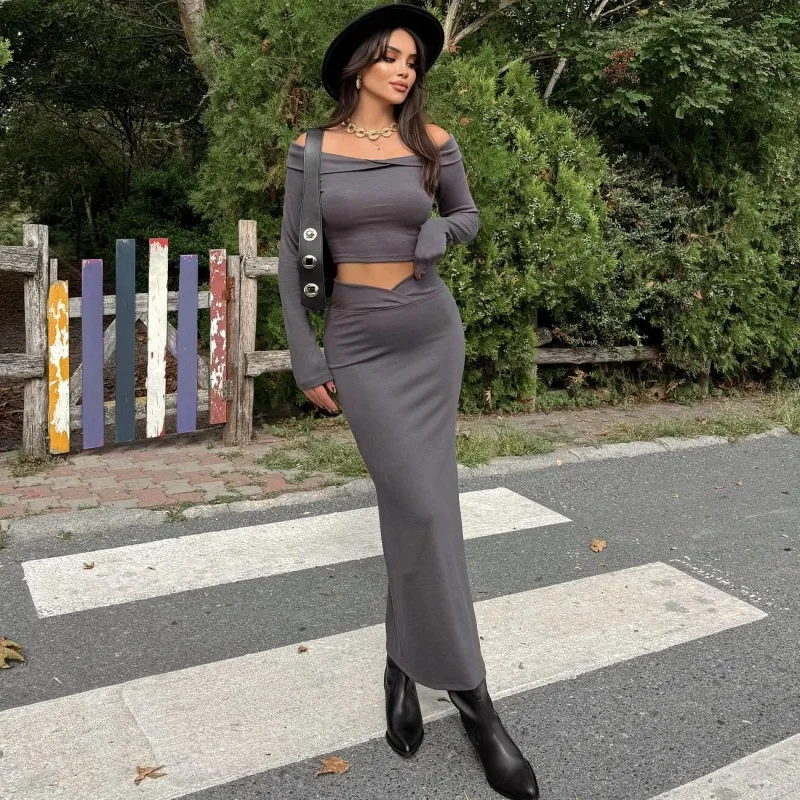 

Gtpdpllt Fall Fashion Women2 Pieces Sets Solid Slash Neck Long Sleeve Crop Top T-Shirt And Ruched Maxi Skirt Women Y2K Outfits