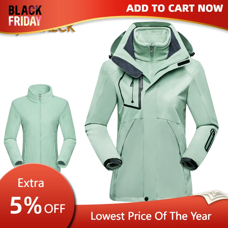 

CHRLCK Women's 3 In 1 Thick Hiking Jacket Fleece Waterproof Winter Windbreaker Outdoor Warm Camping Jacket Women Windproof Coat