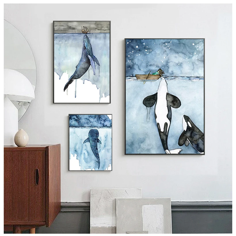 Whale Shark Ship Abstract Landscape Wall Art Canvas Painting Nordic Posters And Prints Wall Pictures For Living Room Home Decor
