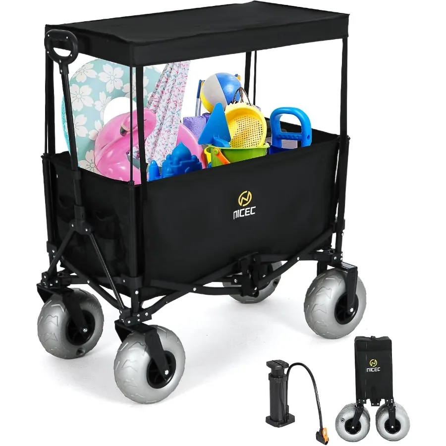 

Beach Wagon with Canopy Beach Cart with Ballon Wheels for Sand 9'' Big Sand Wheels 220 lb Capacity Adjustable Handle for Campin