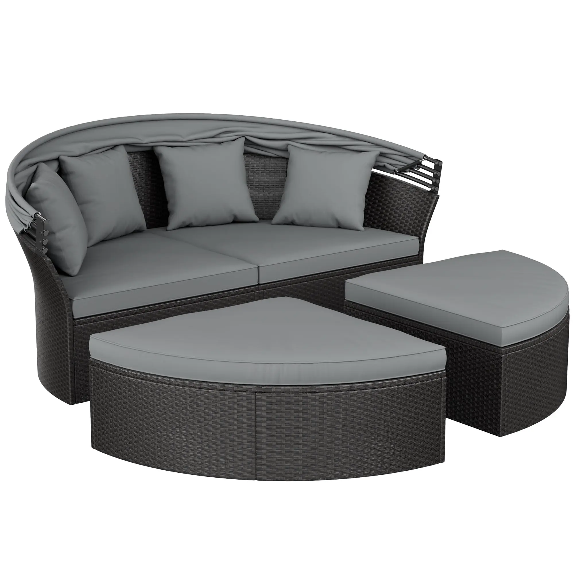 Outdoor Patio Furniture Canopy Daybed Round Sofas, 4 Pieces Seating Separates Cushioned Seats, Black Wicker, Lawn