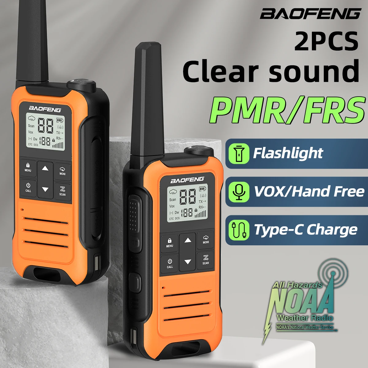 2pcs Baofeng F22 Mini Walkie Talkie PMR FRS Long Range Rechargable Flashlight Kids Two Way Radio Type-C Charger for Camping Trip