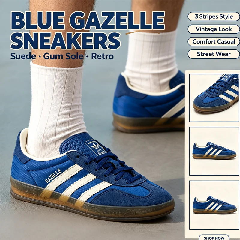 Adidas Originals JS1410 Women Gazelle Low Top Sneakers Classic 3 Stripes Blue Suede Gum Rubber Sole Retro Casual Skate Shoes