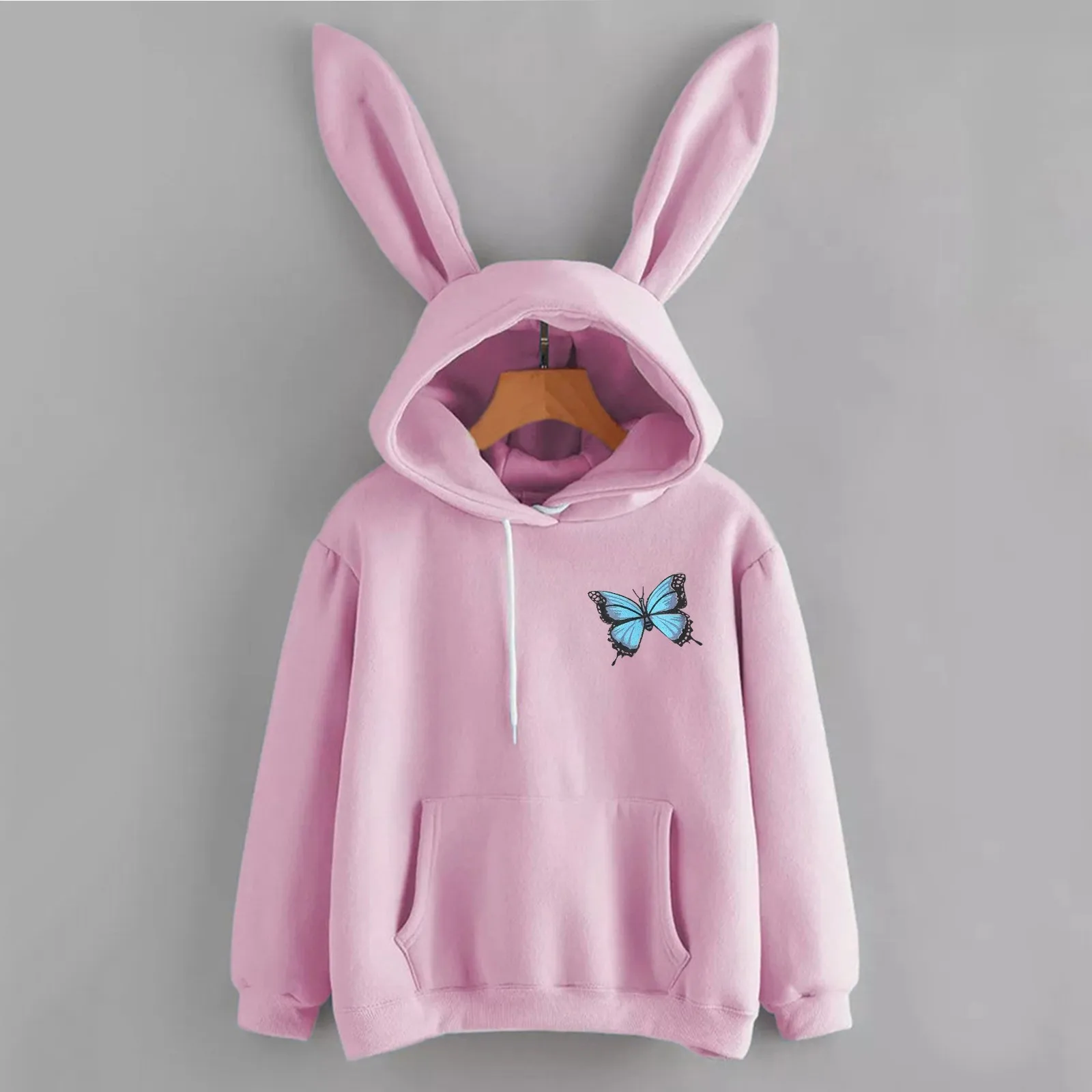 Sudaderas con capucha con orejas de conejo para mujer, suéter con capucha, estampado de mariposa Kawaii, con cordón, bolsillos de gran tamaño, Rosa conejo