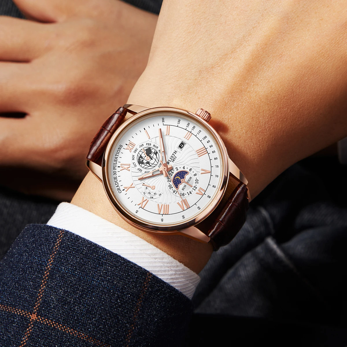 

Мужские часы для бизнеса и спорта, водонепроницаемые, с люминесцентным циферблатом, кожаным ремешком, кварцевые, повседневные, стильные часы для мужчин.