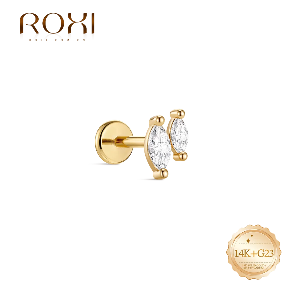 ROXI 1PC 14K Solid Gold Multi Style CZ Flat Back Cartilage Piercing Earring Dainty Fish Star Leaf Chain Ear Jewelry For Women