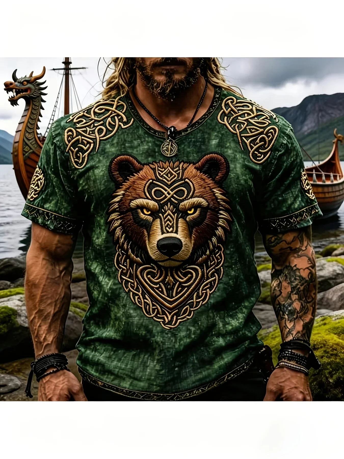 2026 Sommer Retro Street Distressed Herren-T-Shirt mit Wikinger-Bär, Keltischem Knoten, 3D-Druck, lockerer Rundhals-Kurzarm – Detail 4