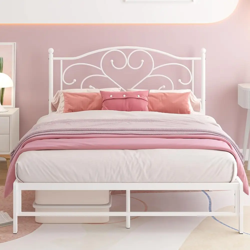 Full Bed Frame with Headboard Metal, Full Size, 11.2 Storage, No Box Spring, Easy Assembly, White
