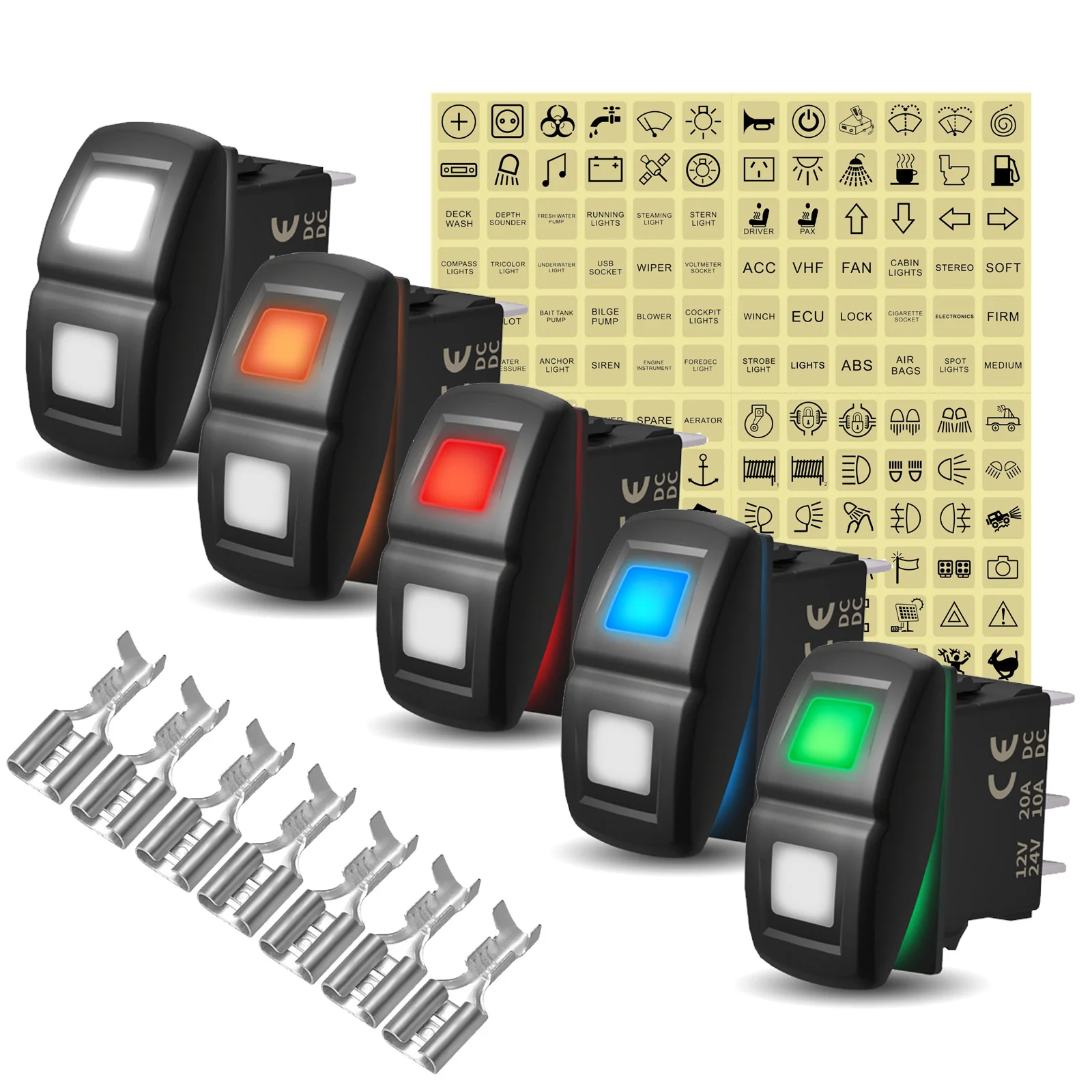 12/24 Volt Led Waterproof Rocker Switch On-On/ On-On-On/ On-Off-On/ Off-On-On Toggle Switch Cable Terminals and Button Sticker