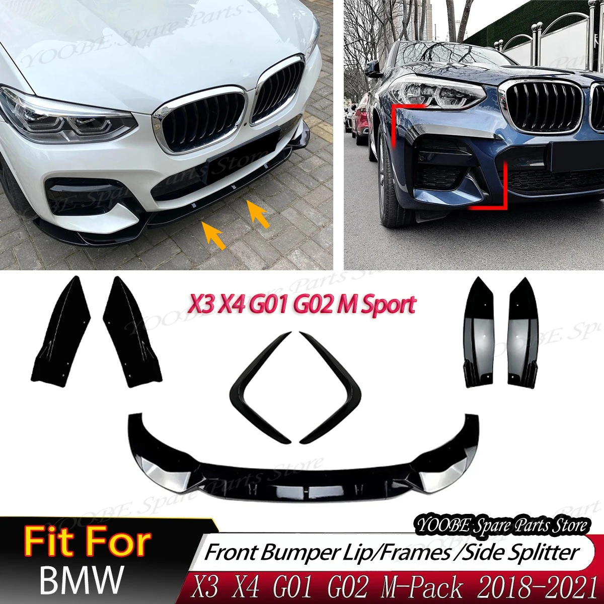 

Car Front Bumper Lip for BMW X3 X4 G01 G02 M-Pack 2018-2021 M Sport Blade Spoiler Fog Light Frames Side Splitter Body Kit Trim