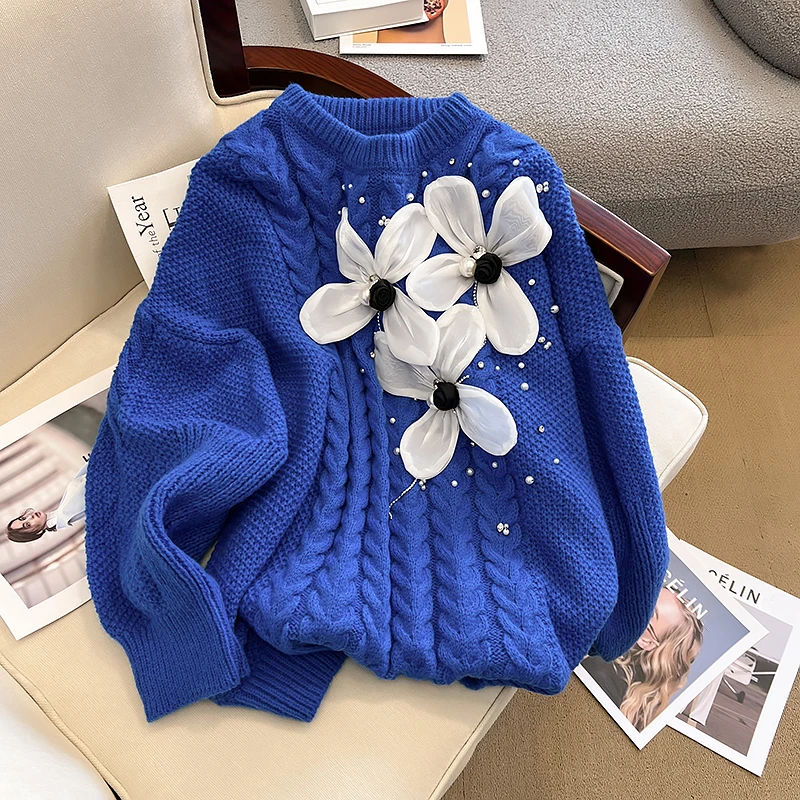 Design Sense Three-dimensional Flower Women Sweater Top Autumn Winter New Loose Versatile Chic Female Pullover Jumper