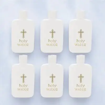 6Pcs Holy Water Bottles Plastic White Lightweight Safety Cap Portable Refillable Church Baptism Exorcism Jesus Cross