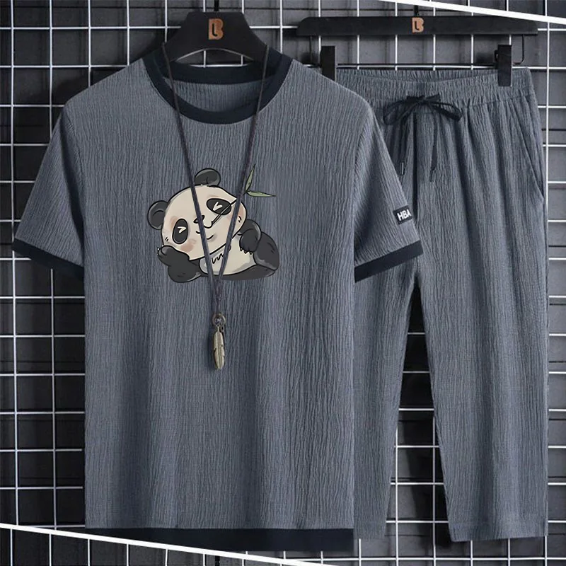 

Summer Casual Slim Fit Men's ort Sve Long Pants Two-Piece Set Trendy And Haome Lightweight Polyester Fiber T-irt