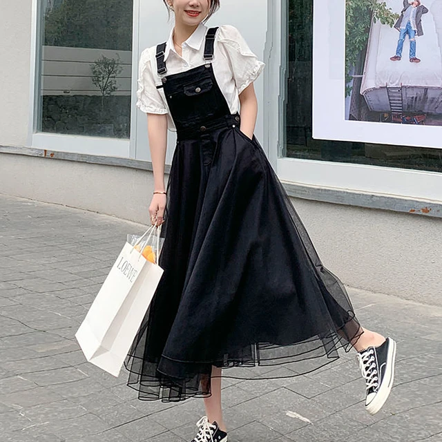 2023 Summer Denim Dress Women Mesh Patchwork Sundress Loose Overalls Long Dresses Female Strap Jeans Dress Vestidos AliExpress