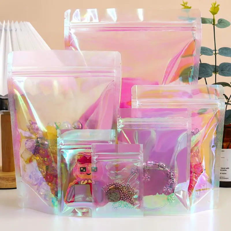 Pink Stand Up Holographic Zip Lock Bag Iridescent Laser Heat Sealing Cosmetic Jewelry Snacks Cereals Candy Gifts Package Pouches