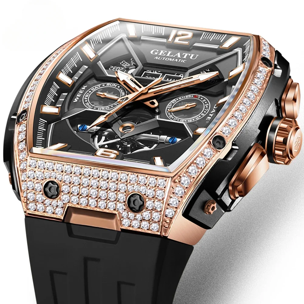 

GELATU 6016 Watch Men's Mechanical oem Luxury Strap Skeleton Watch Automatic CarEngine Mechanical Wrist Watches