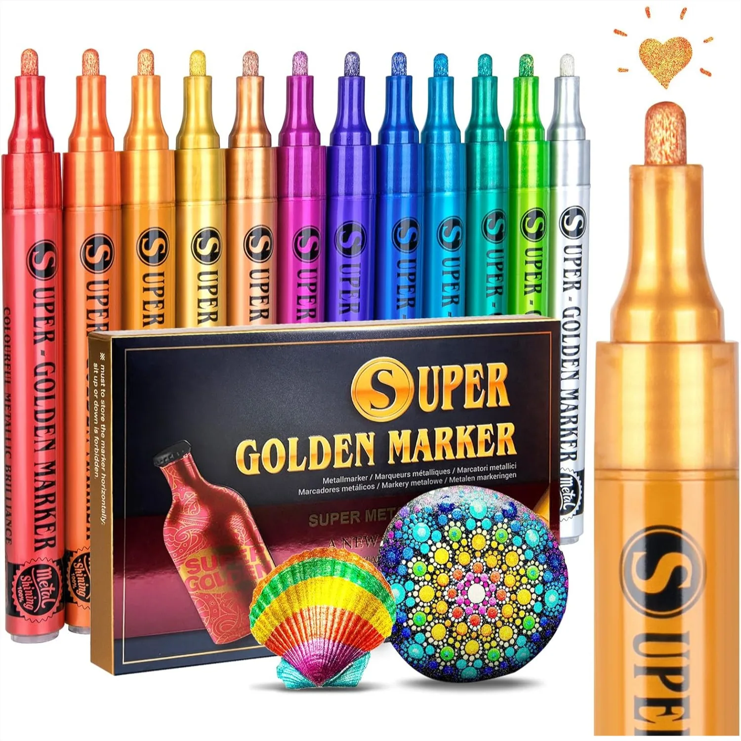 

12 Colors Metallic Paint Markers, Acrylic Glitter Pens For Rock Painting, Glass, Wood, Fabric, Black Paper, Cards, Scrapbook, DIY Art Crafts (2-3mm)