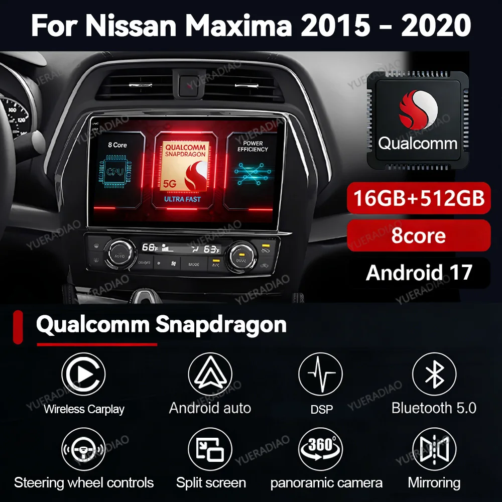 Radio para Auto Android 17 para Nissan Maxima A36 2015-2020, Reproductor Multimedia Estéreo con Bluetooth, Video, GPS Qualcomm NAVI, 4G WIFI, QLED, 2DIN