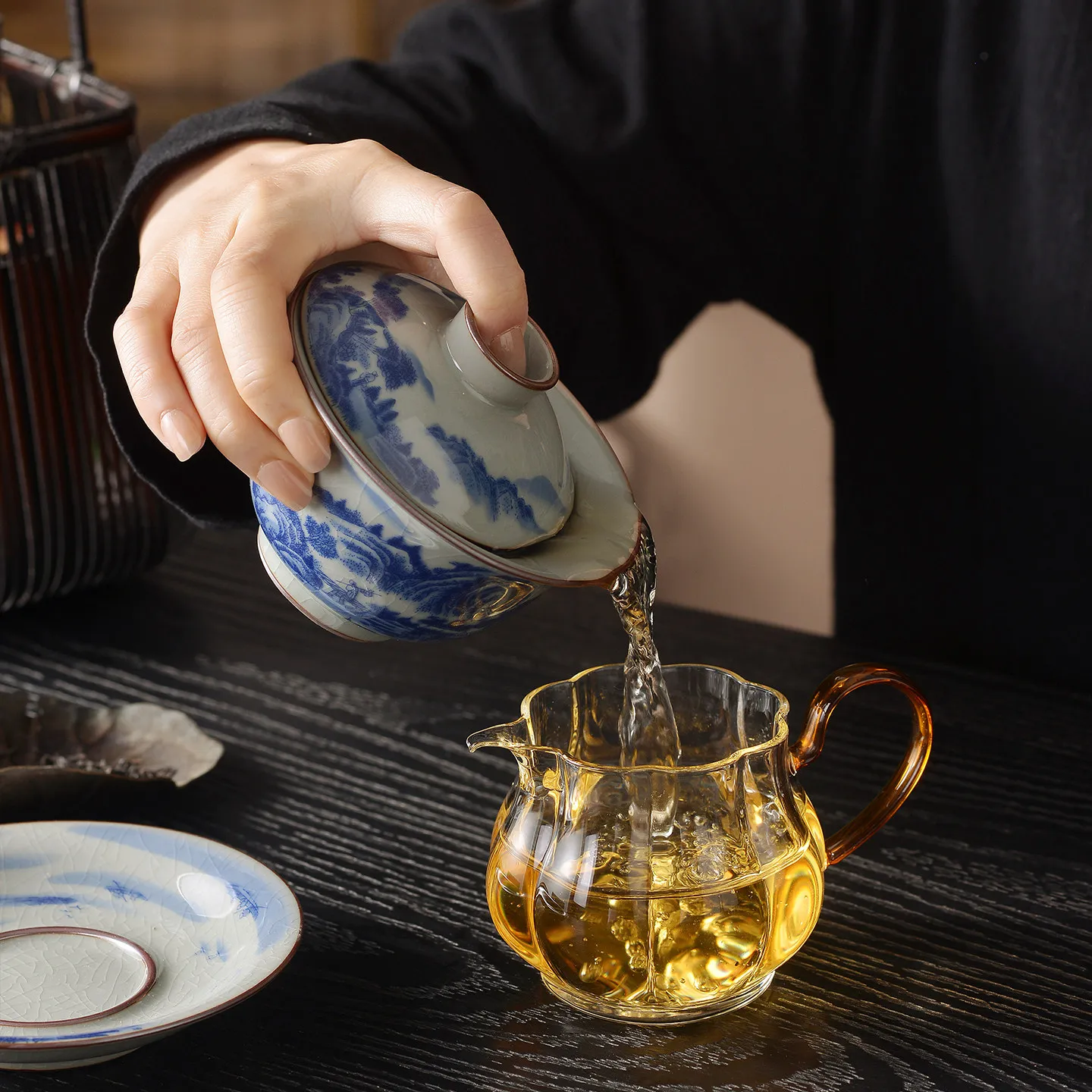 Old Clay Blue and White Fuchun Mountain Residence Gaiwan Ceramic Household Tea Brewing Large Bowl Gracked Glaze Supportable