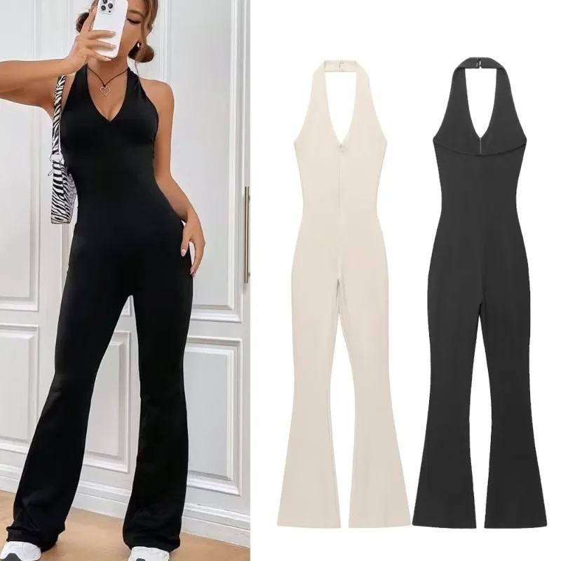 Women's 2026 Summer Sexy Backless Halter Jumpsuit, Slim Fit Flared Leg Fashion One Piece Outfit