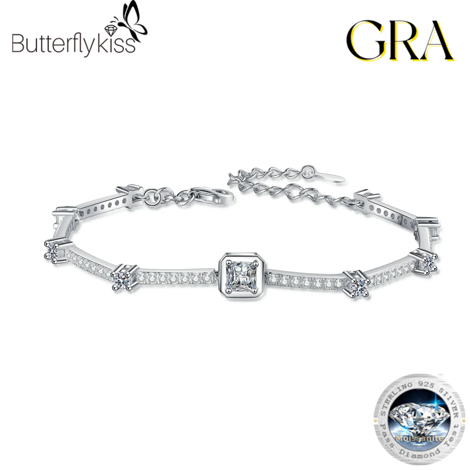 

Butterflykiss Exquisite Design Square 1.88Carat Moissanite Bracelet Women Brilliant Light Luxury Holiday Gift For Girlfriend