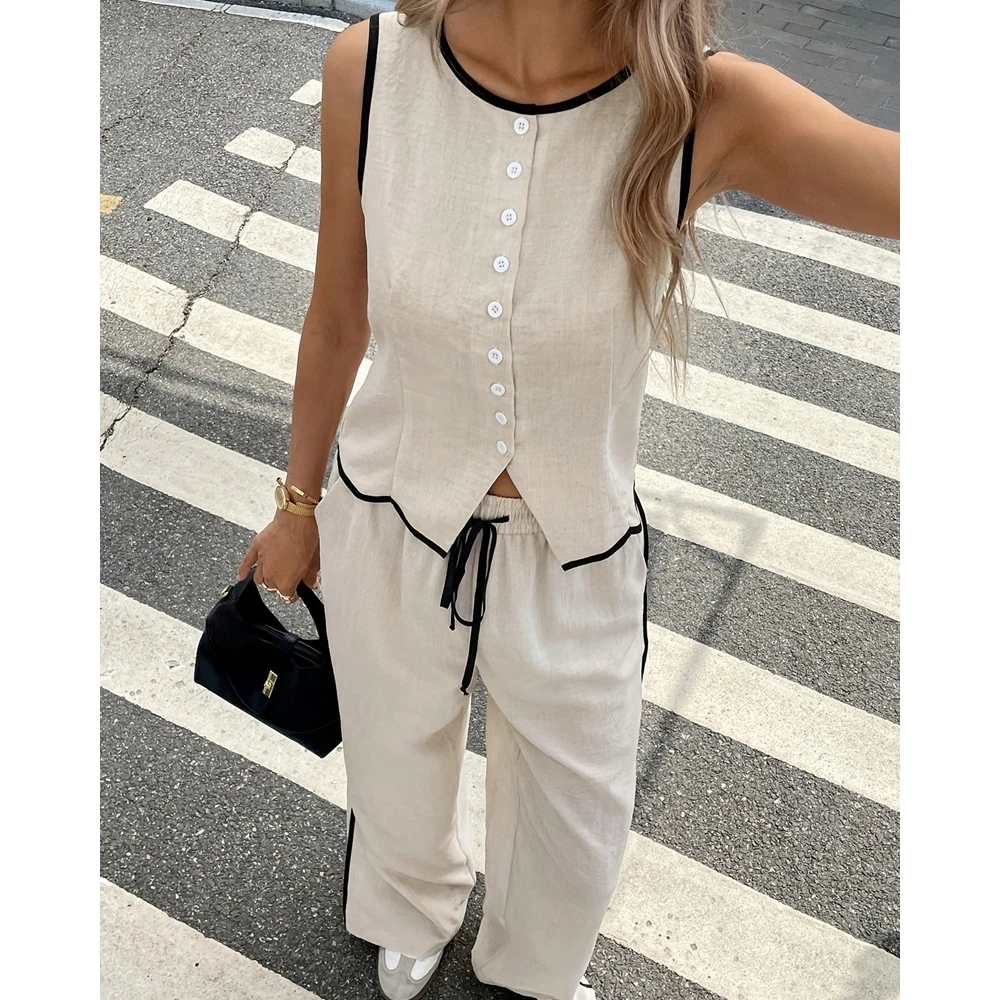 Women Linen Blend Two Piece Outfit Sleeveless Button Front Vest Drawstring Wide Leg Pants Casual Summer Beach Vacation Set