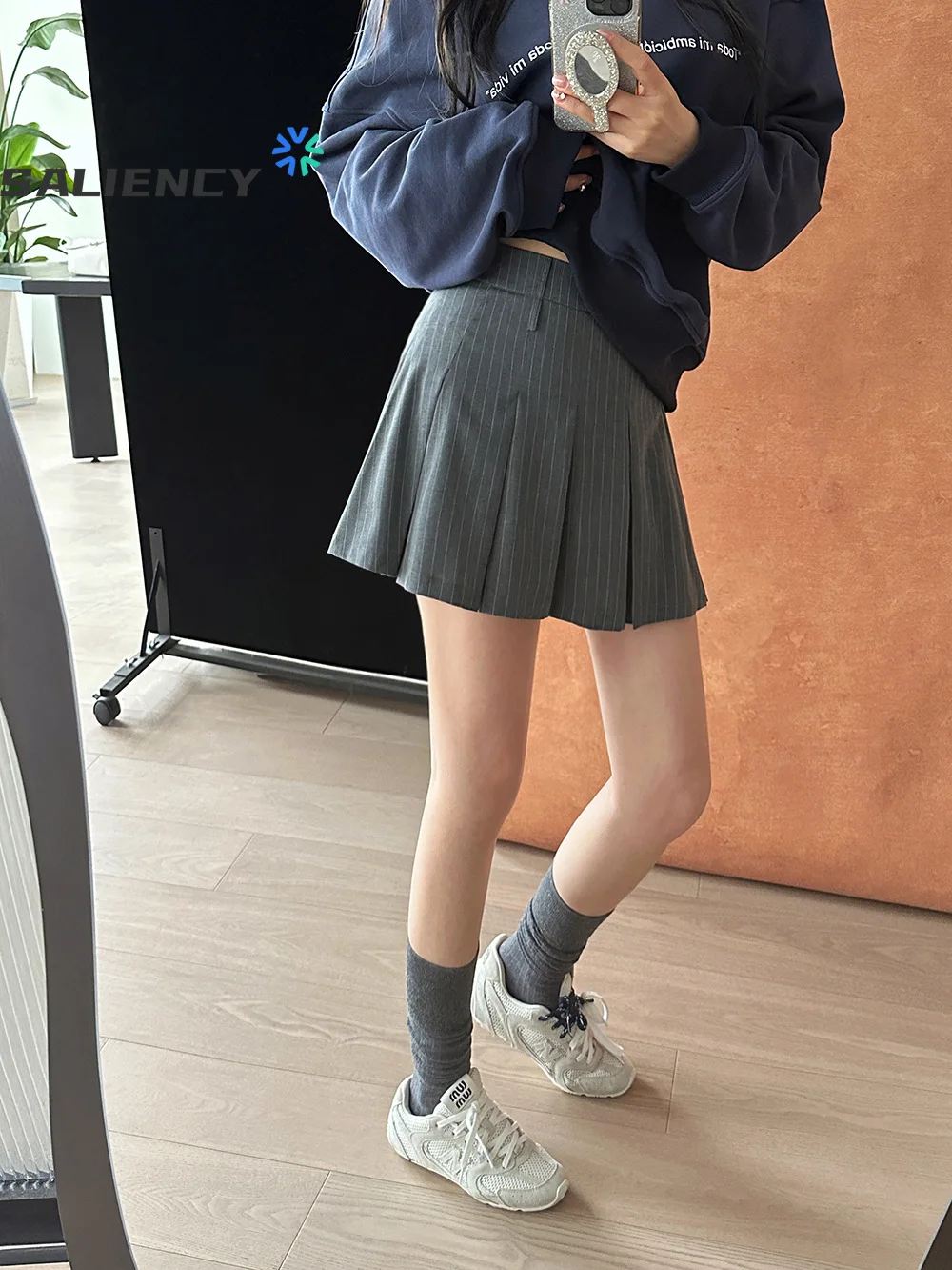 SALIENCY College Style Striped Pleated Skirt Women's Short Skirt Summer Korean Ladies Elegant High Waist Solid Mini Skirts
