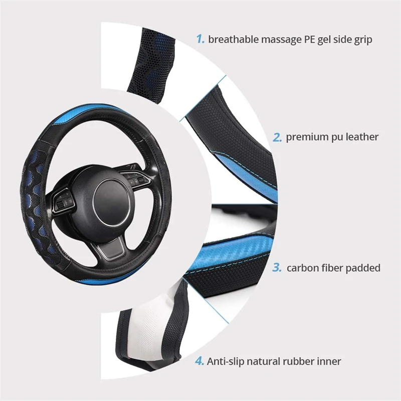 Sporty Racing Style Car Steering Wheel Cover Universal Fit 37-38CM Antiskid Breathable Grip Honeycomb Design