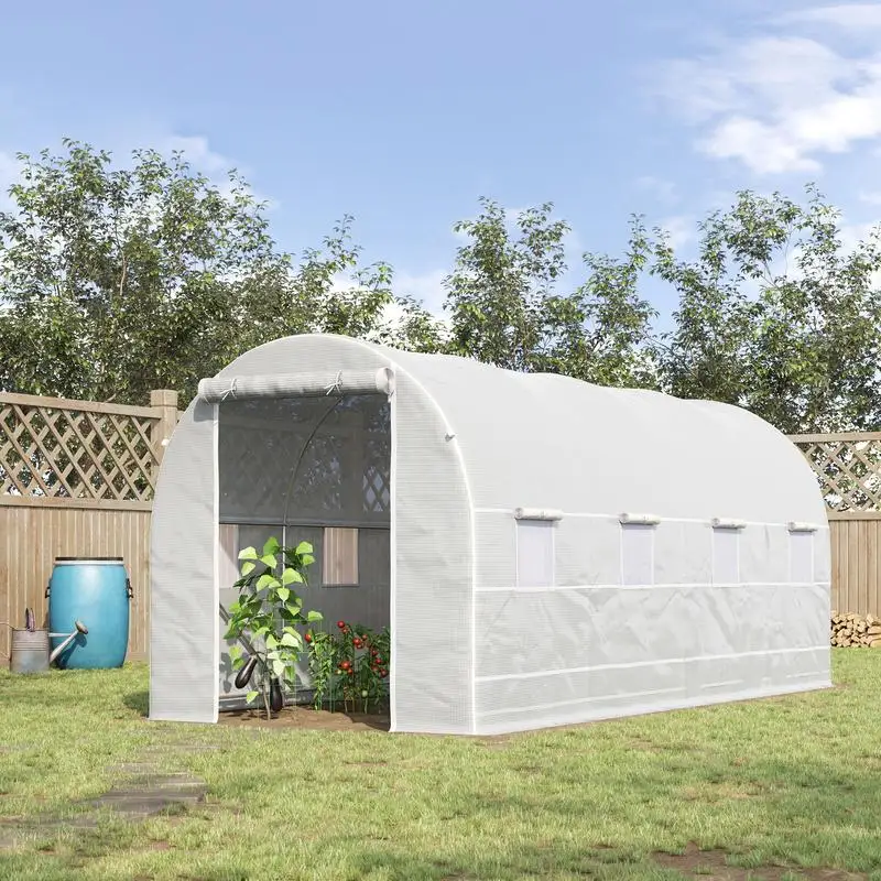 Gartentunnel-Gewächshaus 5x2x2m Stahlkonstruktion Polyethylen-Plane Weiß 8 Fliegengitterfenster Optimale Belüftung Verstärkte Stabilität Einfache Montage Garten Gemüsegarten