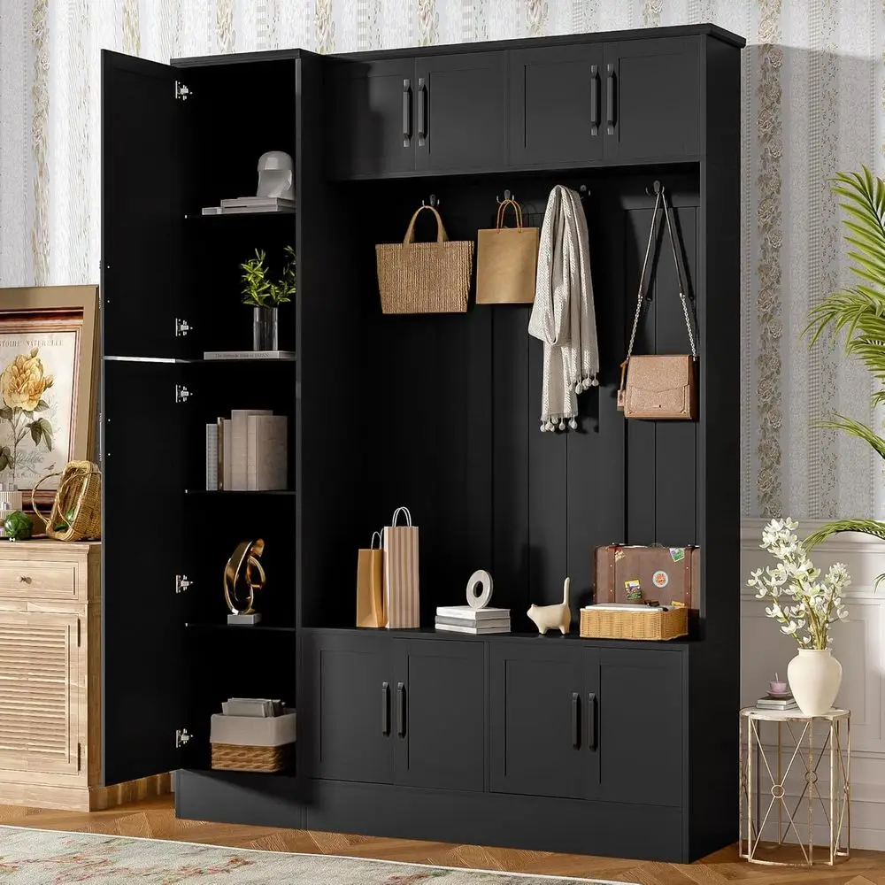 

ern 79'' Tall Hall Tree with 6 Enclosed Cabi, Wood 4-in-1 Entryway Coat Hanger with Shoe Storage, 4 Coat Hooks & Adjustable Shel