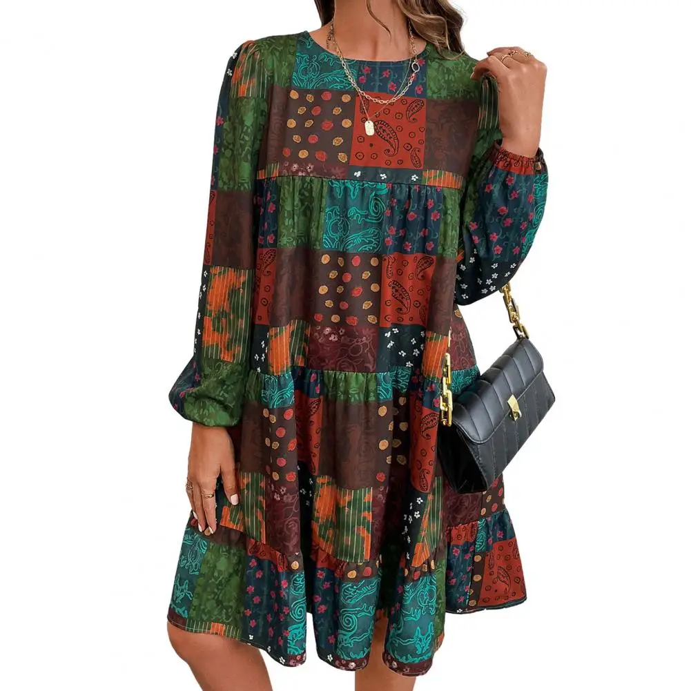 Soft Long Sleeve Dress Long Sleeve Dress Colorful Print Long Sleeve Boho Dress A-line Ruffle Swing Style for Women's Fall/spring