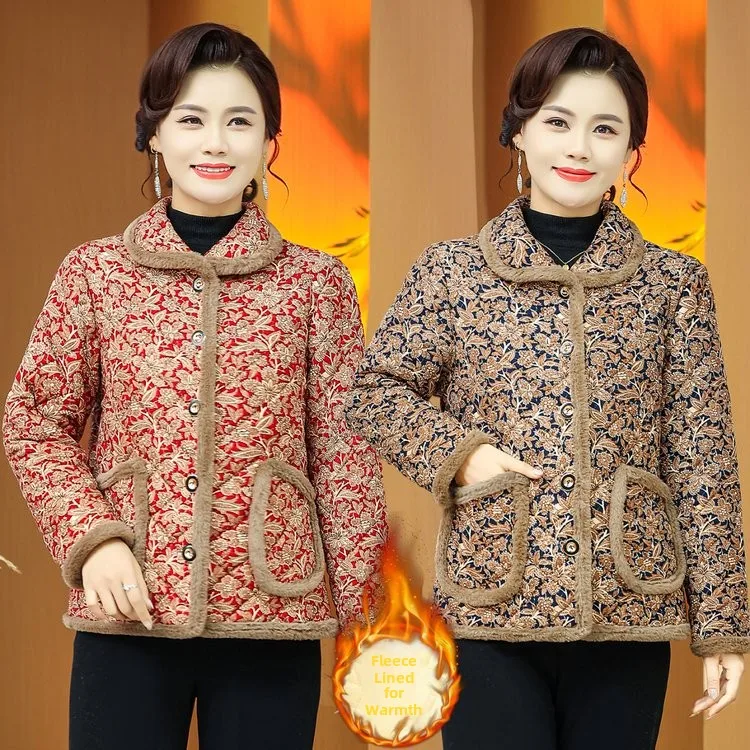 

Утепленная хлопковая куртка с отложным воротником для мам, зимняя теплая куртка на флисовой подкладке для полных женщин среднего и старшего возраста