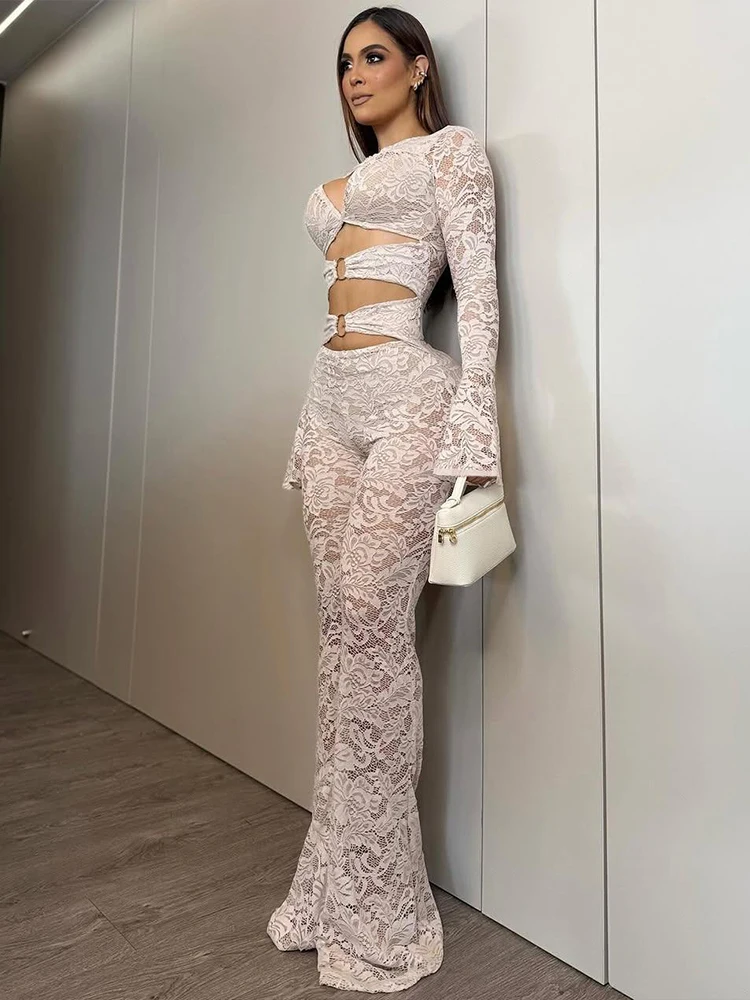 Cutenew Sexy Hollow Jacquard 2-Piece Set Women Elegant Ring Crop Tops+Flare Pants Matching Stretch Midnight Clubwear Outfits