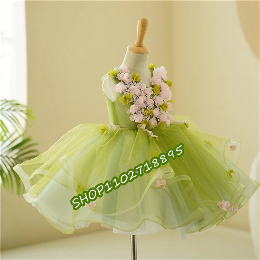 

Sage Green Embroidery Flower Girl Dress With Sleeveless Floral Appliques Tulle Princess Pageant Dresses Formal Prom Party Gown