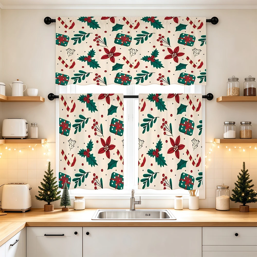 Christmas Kitchen Curtains, Poinsettia Gift Holly Cane, Digital Print, Kitchen Dining Room, Rod Pocket Polyester, Home Decor