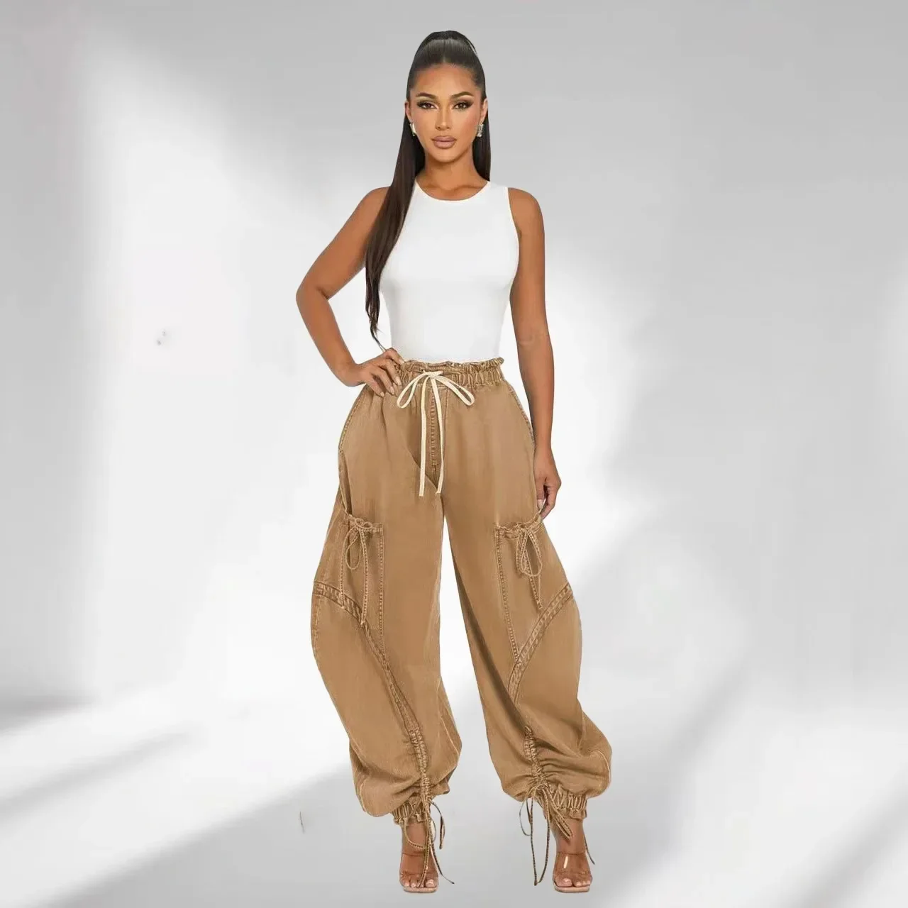 

Elastic-waisted Drawstring Hig-waist Jeans. Women's Four Season New Fashion Design Sense Loose Lace-up Bow Straight Leg Jeans