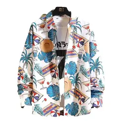 Men's Loose Long Sleeve Shirt Spring Fashion Flower Print Casual Floral plus Size Business Office Hawaiian Style