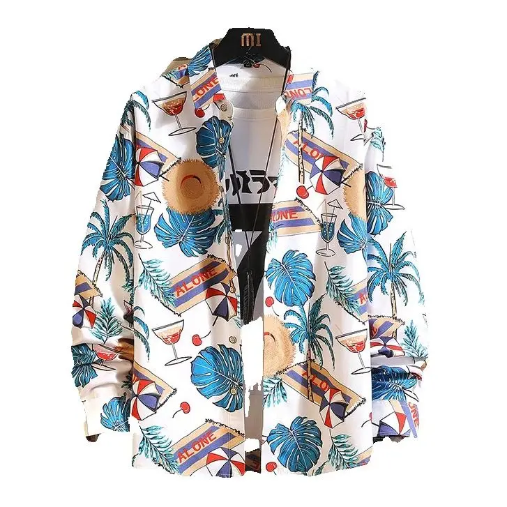 Men's Loose Long Sleeve Shirt Spring Fashion Flower Print Casual Floral plus Size Business Office Hawaiian Style